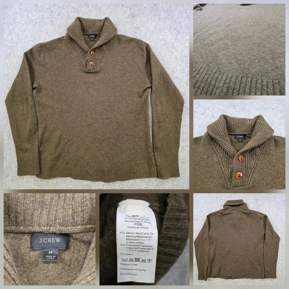 J.Crew Sweater Mens Medium Rugged Merino Wool Shawl Collar Button Knit Pullover